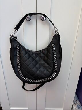 INC International Concepts Black Quilted Hobo with Silver Chain Trim